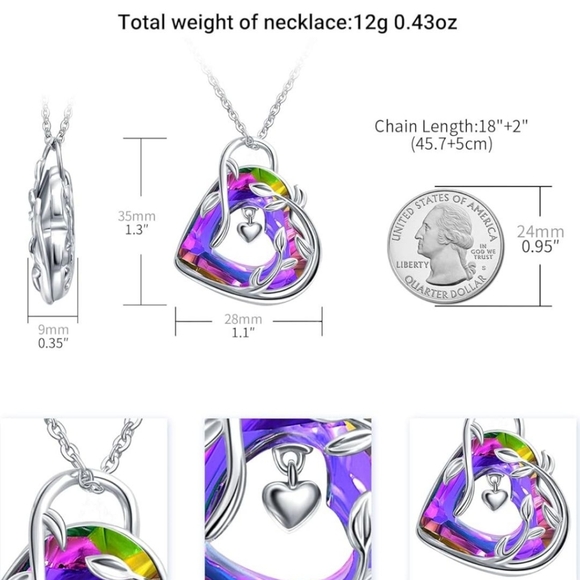 Rhodium Plated Heart Crystal Pendant Necklace, Pink - Picture 3 of 3